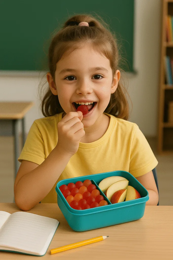 A kid with lunchbox with high protein snacks and fruit, ready for school